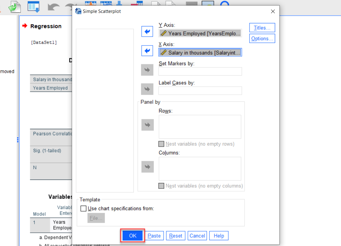 IBM SPSS Simple Scatterplot window with Axis selected and OK button highlighted