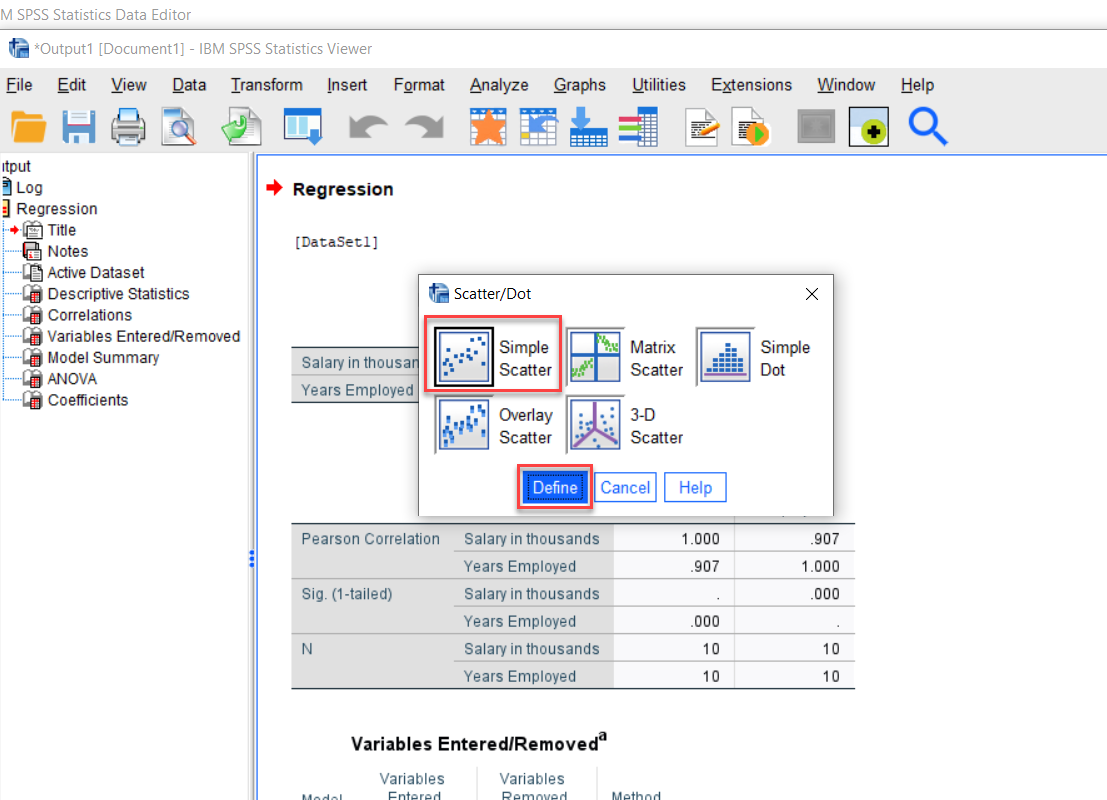 IBM SPSS Statistics Scatter/Dot options with Simple Scatter plot selected and Define button highlighted
