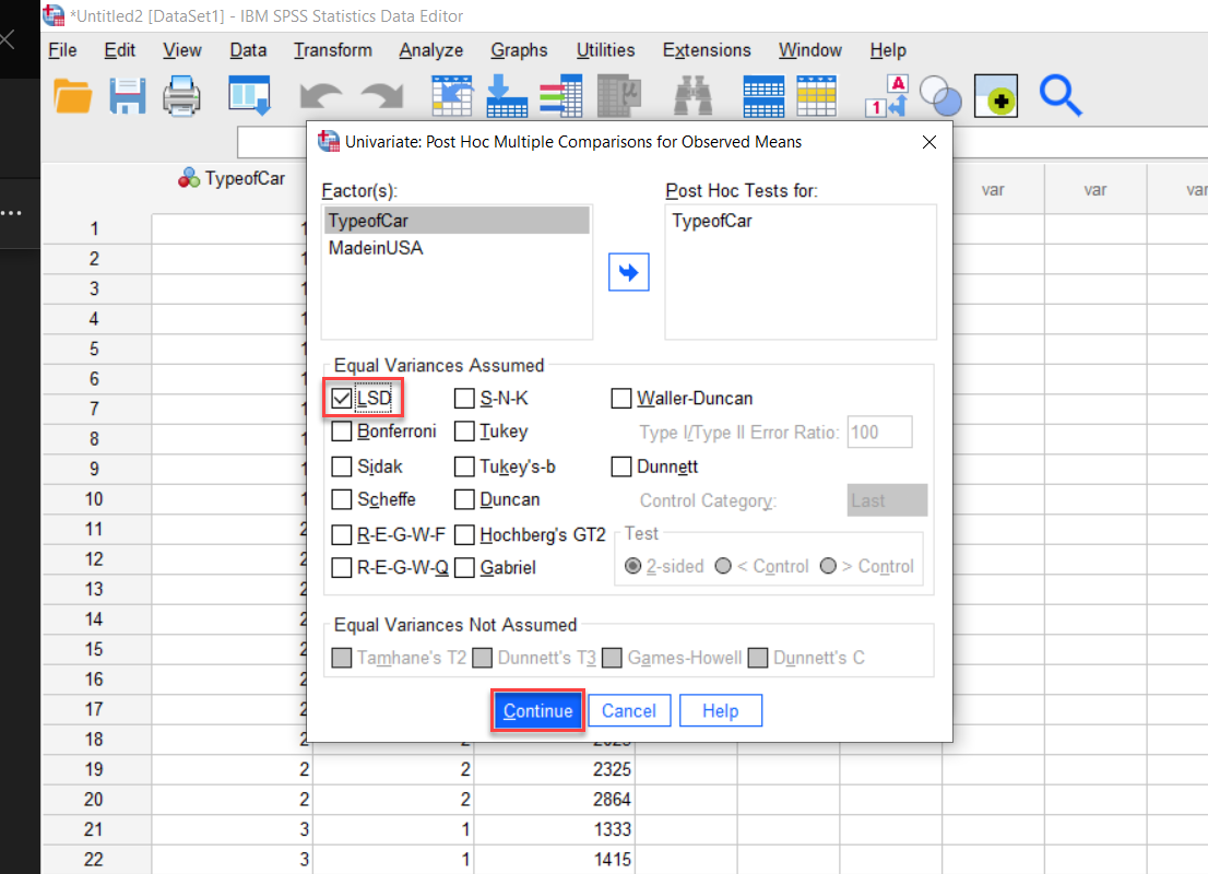 IBM SPSS Post Hoc window with LSD option selected and Continue button highlighted