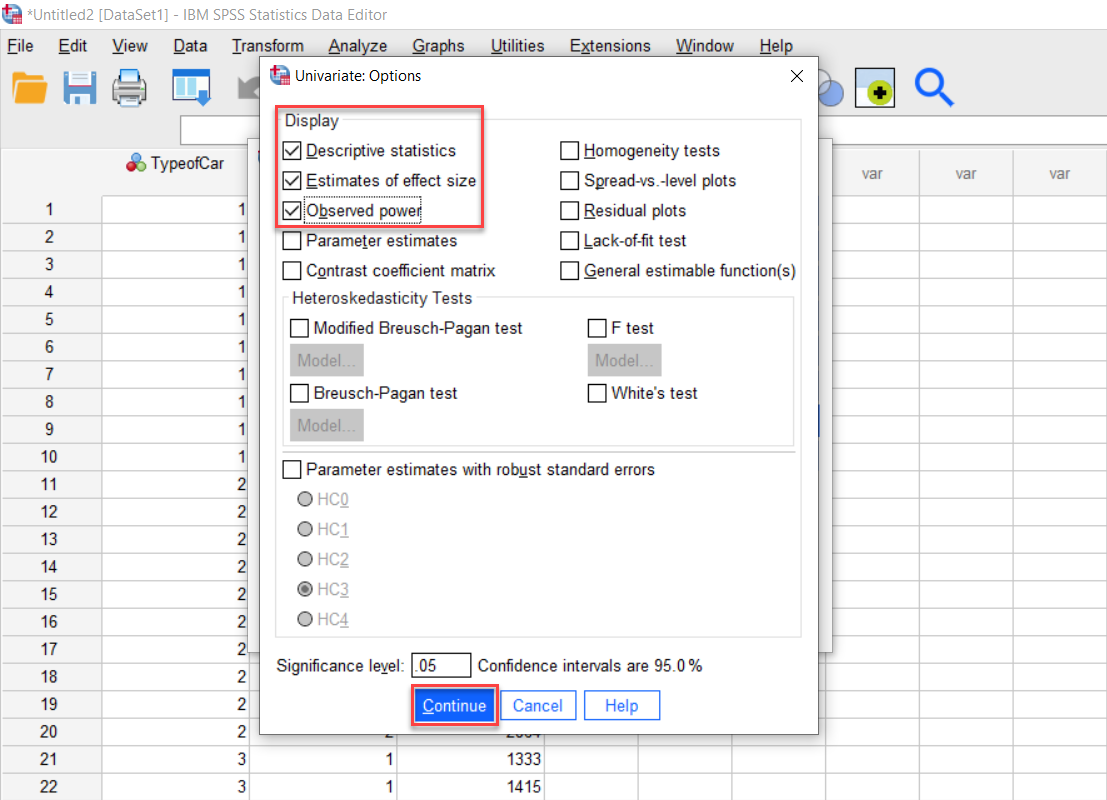 IBM SPSS Univariate options window with Descriptive statistics, Estimates of effect size, and observed power options selected and Continue button highlighted