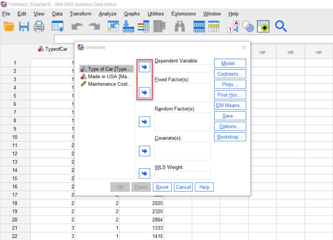 IBM SPSS Statistics Univeriate with Blue Arrows highlighted