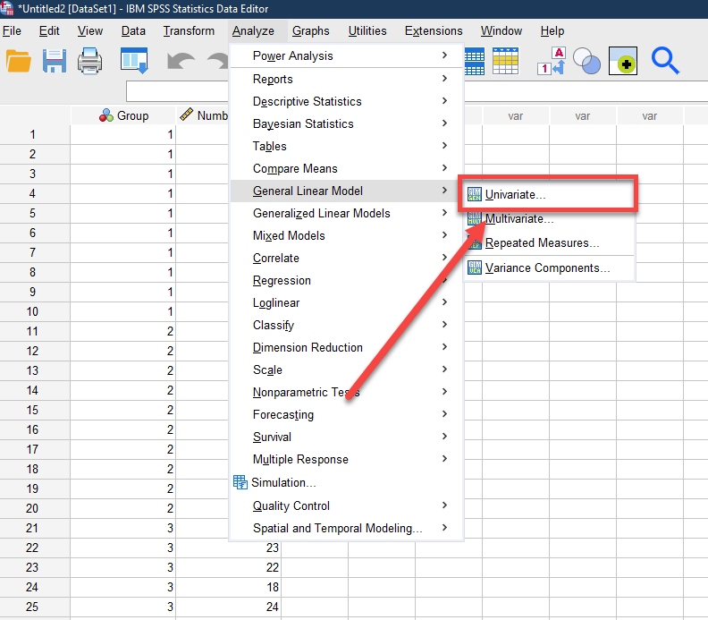 IBM SPSS Data Editor with Analyze tab opened and General Linear Model dropdown opened with Univariate highlighted