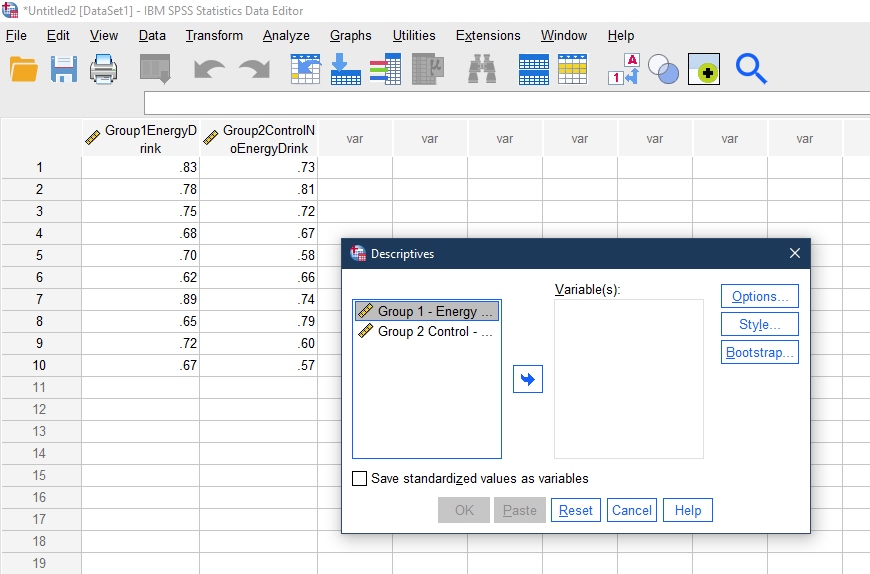 IBM SPSS Data Editor Page with Descriptives window open 
