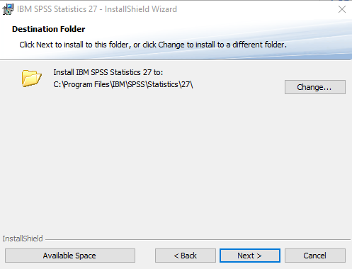 SPSS Install Wizard installation location selection with Next button highlighted 