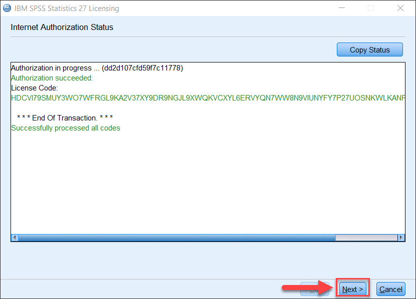 SPSS licensing with Next button highlighted