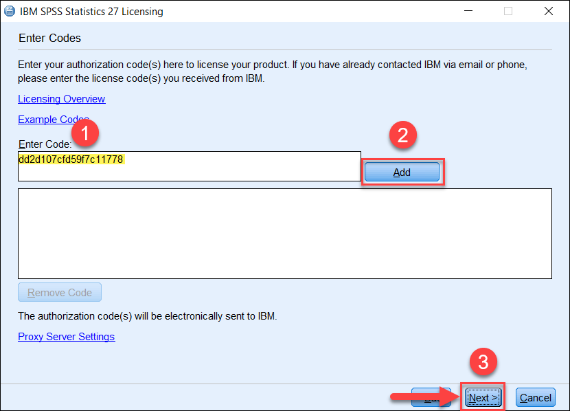 SPSS Licensing with code entered and Add and Next buttons highlighted