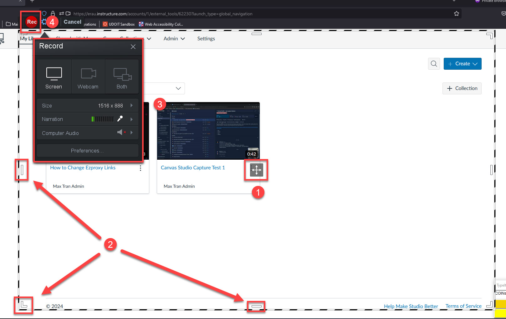 Move pane, adjust pane, capture settings, and record functions highlighted in Screen Recorder window