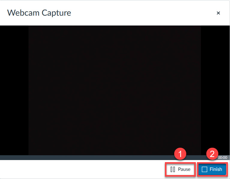 Pause and Finish buttons highlighted in Webcam Capture window