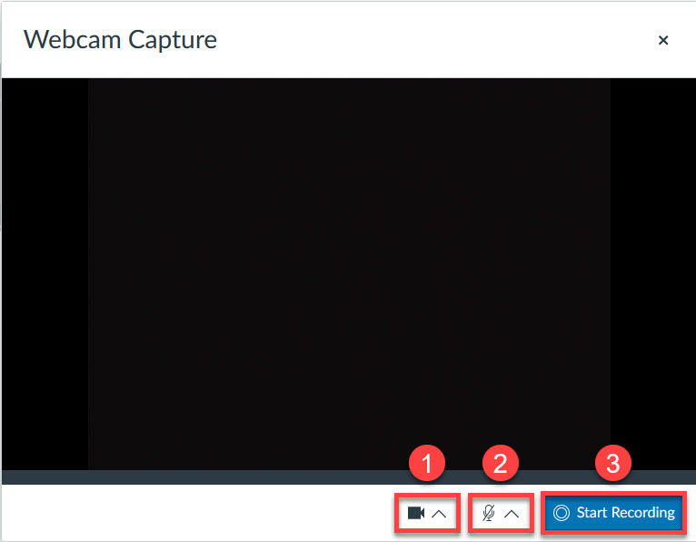 Webcam selection, microphone selection, and start recording highlighted on the Webcam Capture window