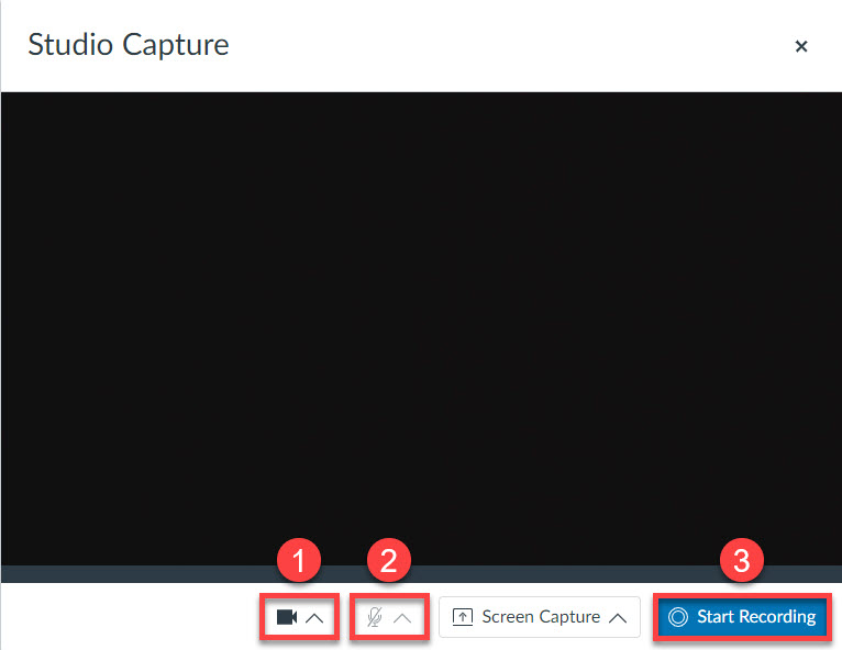 Webcam selection, microphone selection, and start recording highlighted on the Studio Capture window