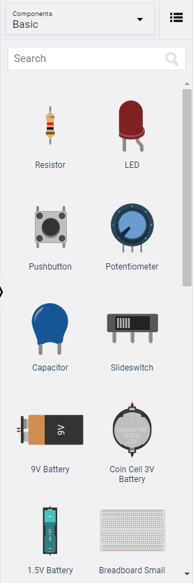 Tinkercad circuit basic components dashboard to include in your circuit