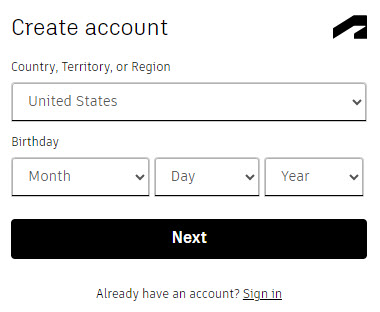 Tinkercad create account window with fields for Country and Birthday