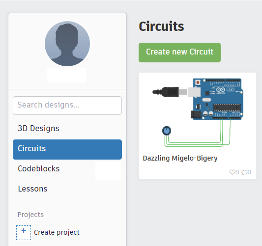 Tinkercad profile screen after log in with Circuits button blue and Create new Circuit button green