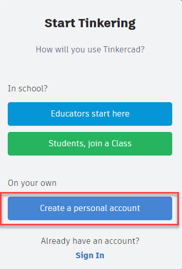 Tinkercad create a personal account button highlighted for selection