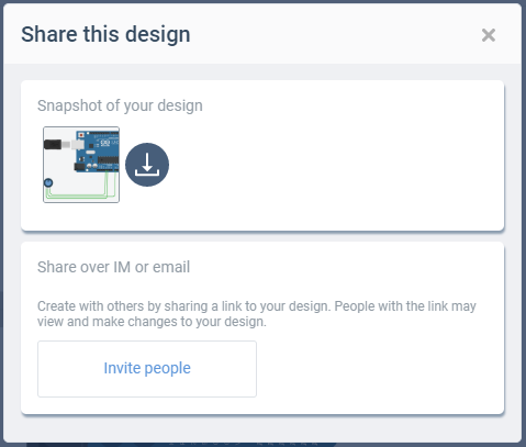 Tinkercad share this design screen with options to share a screenshot of the circuit or a link to view the circuit