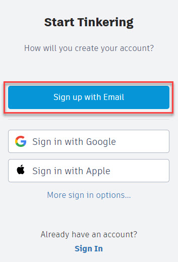 Tinkercad sign up with email outlined for selection to create tinkercad account