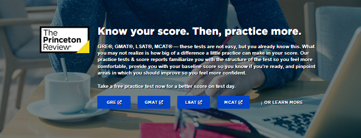tutor.com menu showing Gre, MCAT, LSAT and MCAT Practice Test buttons