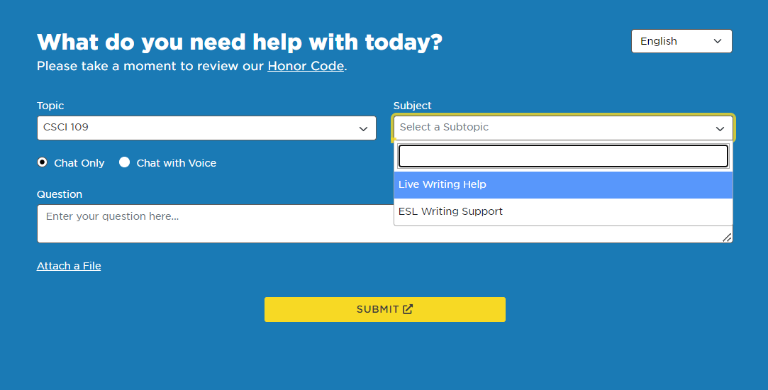 tutor.com topic, subject and question selection window 