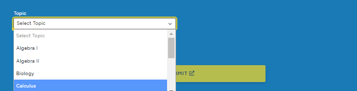 Test prep menu with topic dropdown showing the options