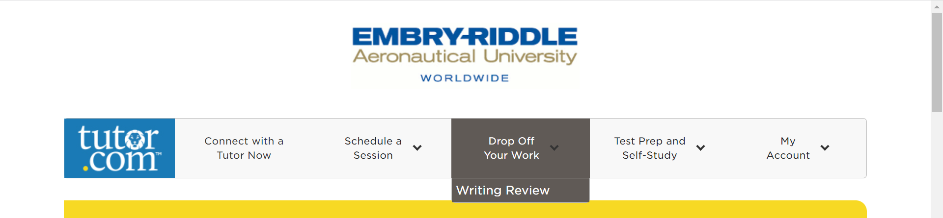 tutor.com menu with the Drop Off Your Work dropdown showing