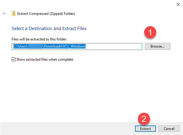 Select a Destination and Extract Files window