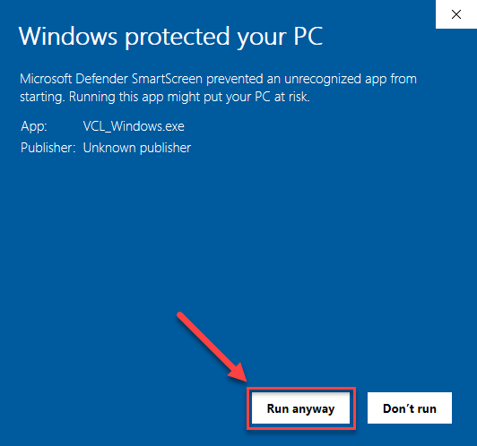 Windows protected your PC window wiht Run anyway boxed