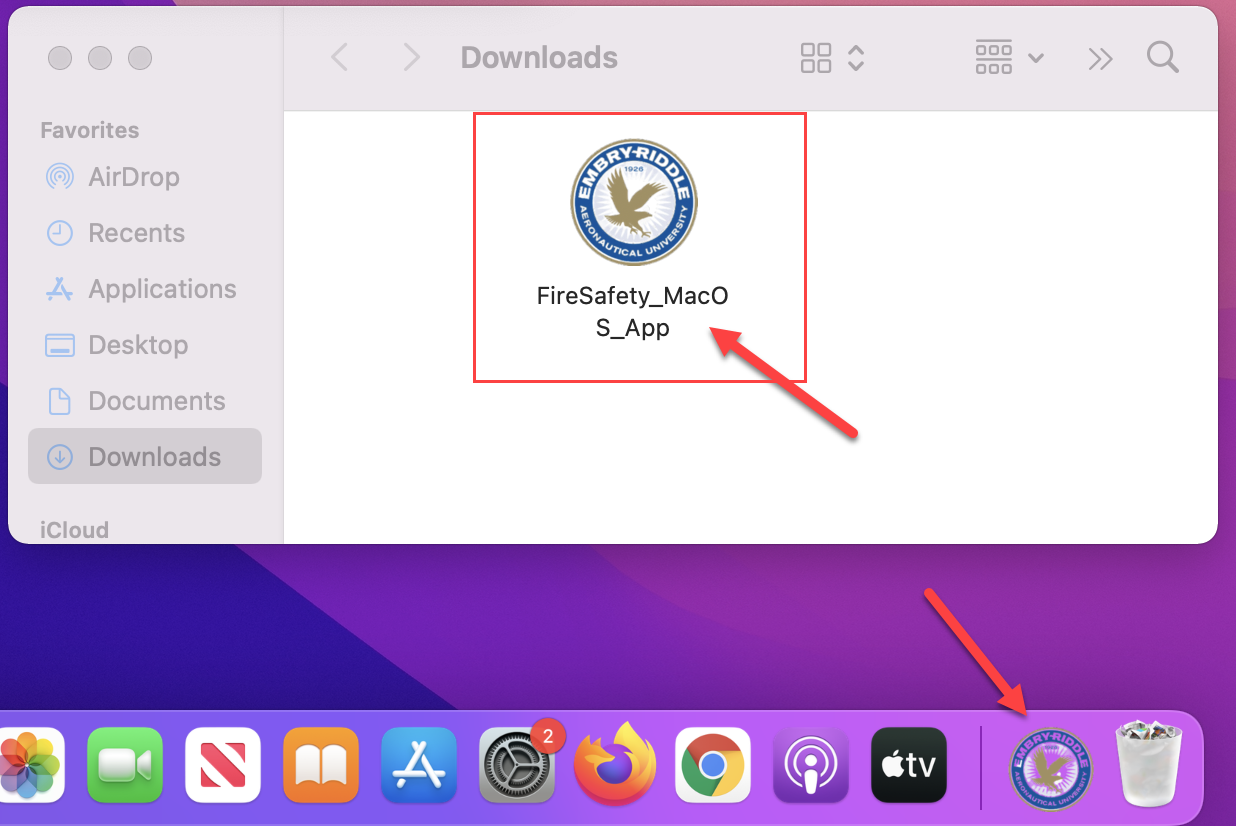 Mac Downloads page with FireSafety_MacOS_App.app highlighted 