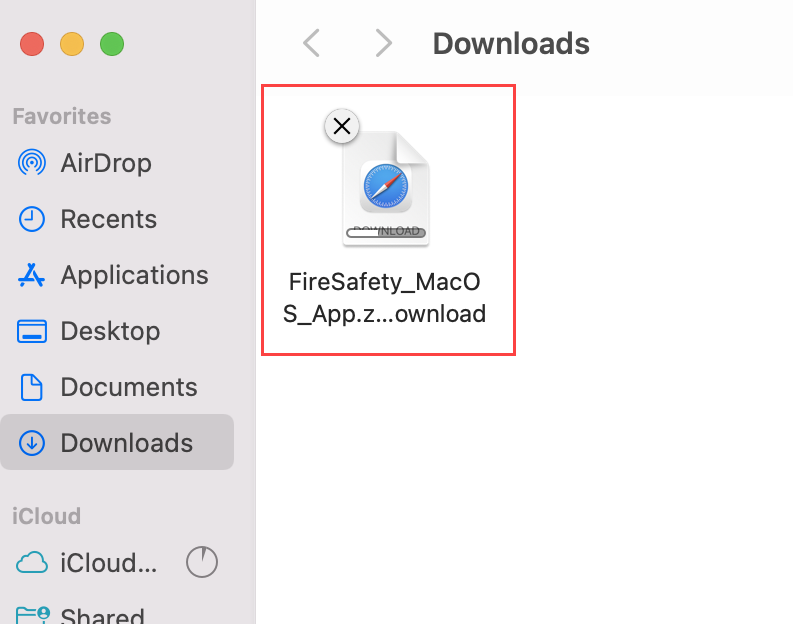 Mac Downloads page with the downloading FireSafety_MacOS_App file highlighted