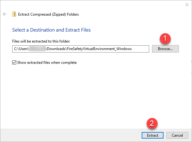 Windows Extract Compressed Folders screen with Browse and Extract buttons highlighted