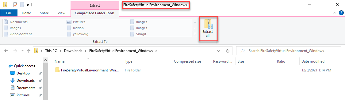 Windows Explorer with Compressed Folder Tools selected and Extract All button highlighted
