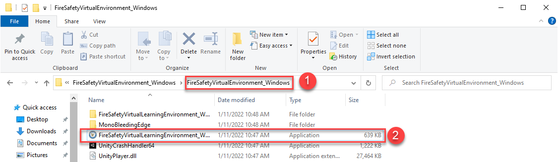 Windows Explorer with FireSafetyVirtualEnvironment_Windows folder open and FireSafetyVirtualLearningEnvironment_Windows.exe highlighted