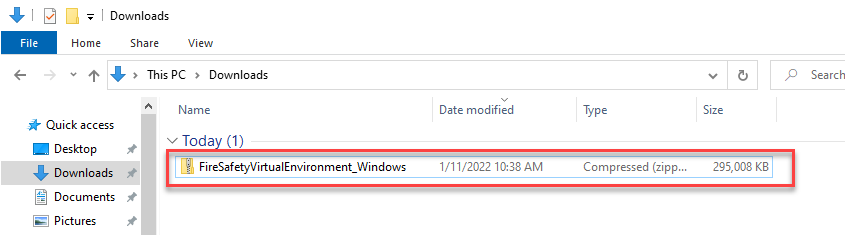 Windows Explorer Downloads with FireSafetyVirtualEnvironment_Windows.zip highlighted