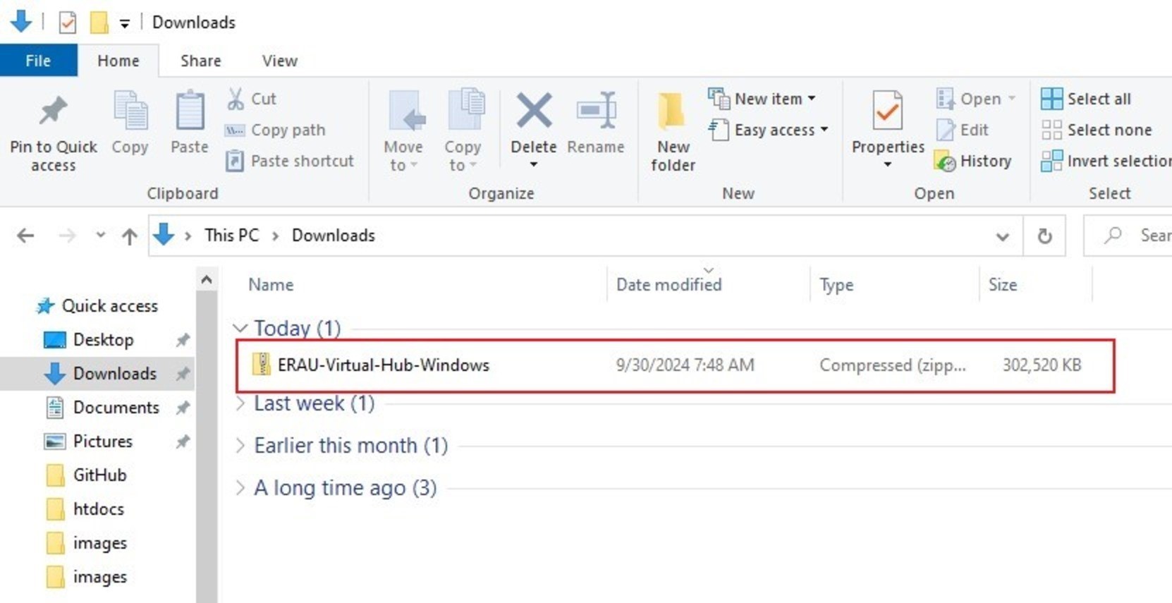 ERAU-Virtual-Hub-Windows zip file highlighted for selection in File Explorer Downloads