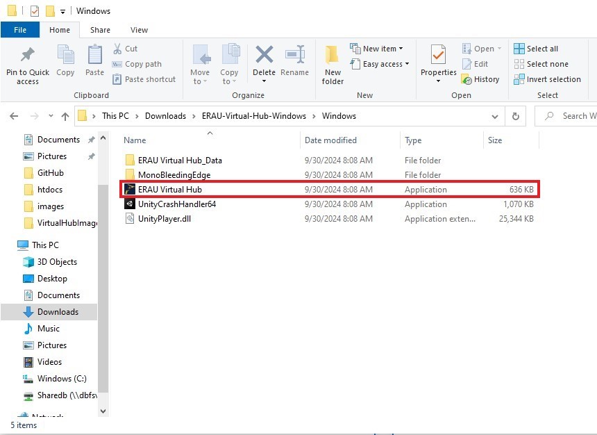 ERAU Virtual Hub application highlighted for selection in File Explorer