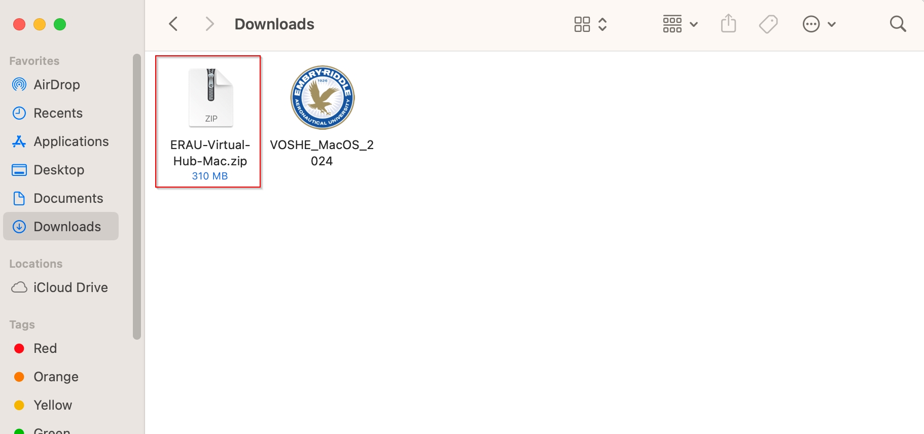 ERAU-Virtual-Hub-Mac.zip file highlighted for selection in Finder