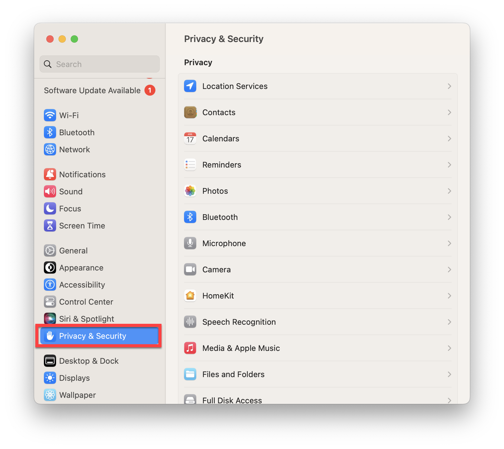 Privacy and Security highlighted for selection in IOS settings