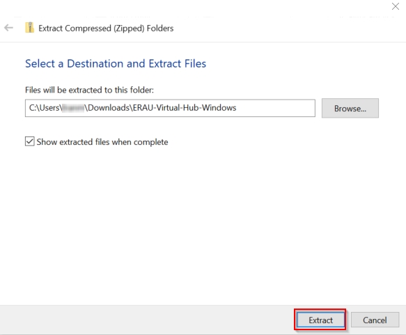 Pop up window for selecting the location of extracted files with Extract highlighted for selection