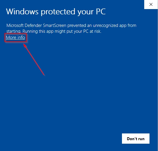 Windows SmartScreen window warning with More Info highlighted for selection.