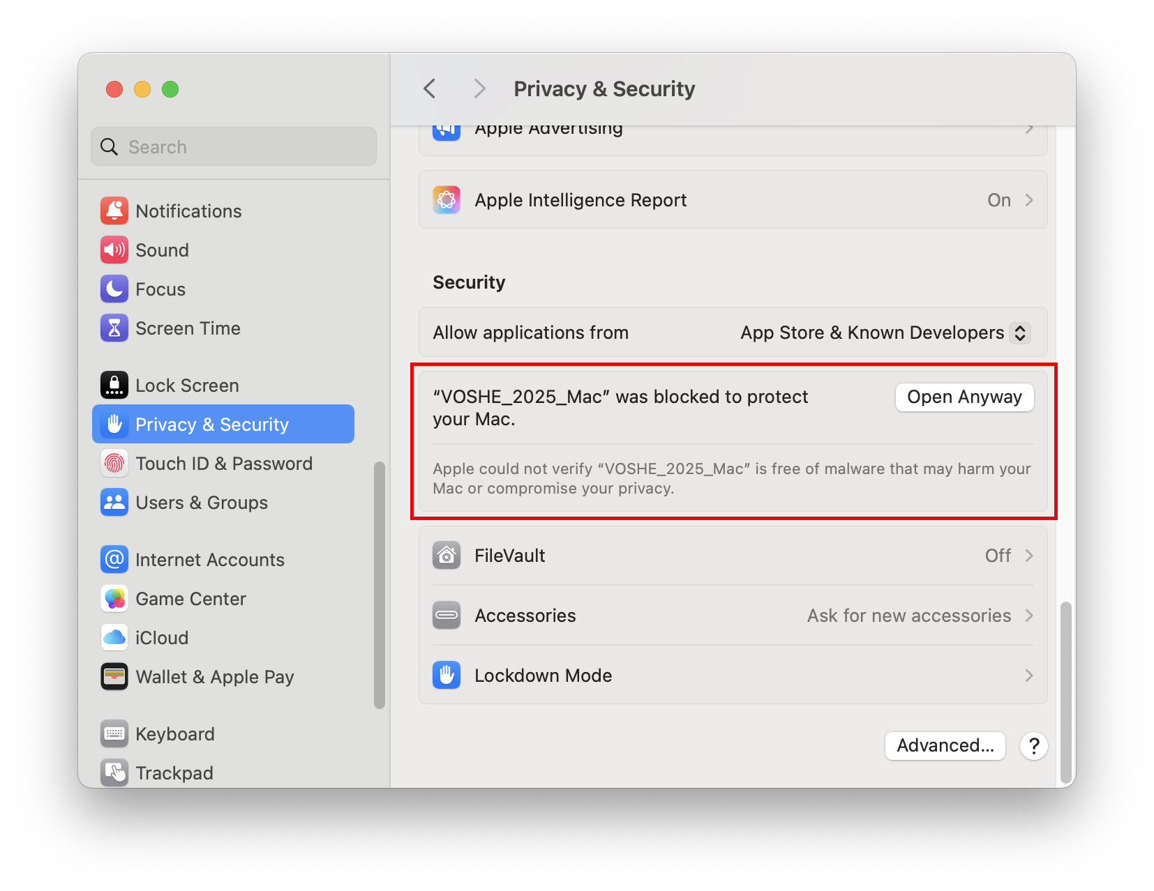 Mac Privacy & Security Screen with Open Anyway Button Highlighted