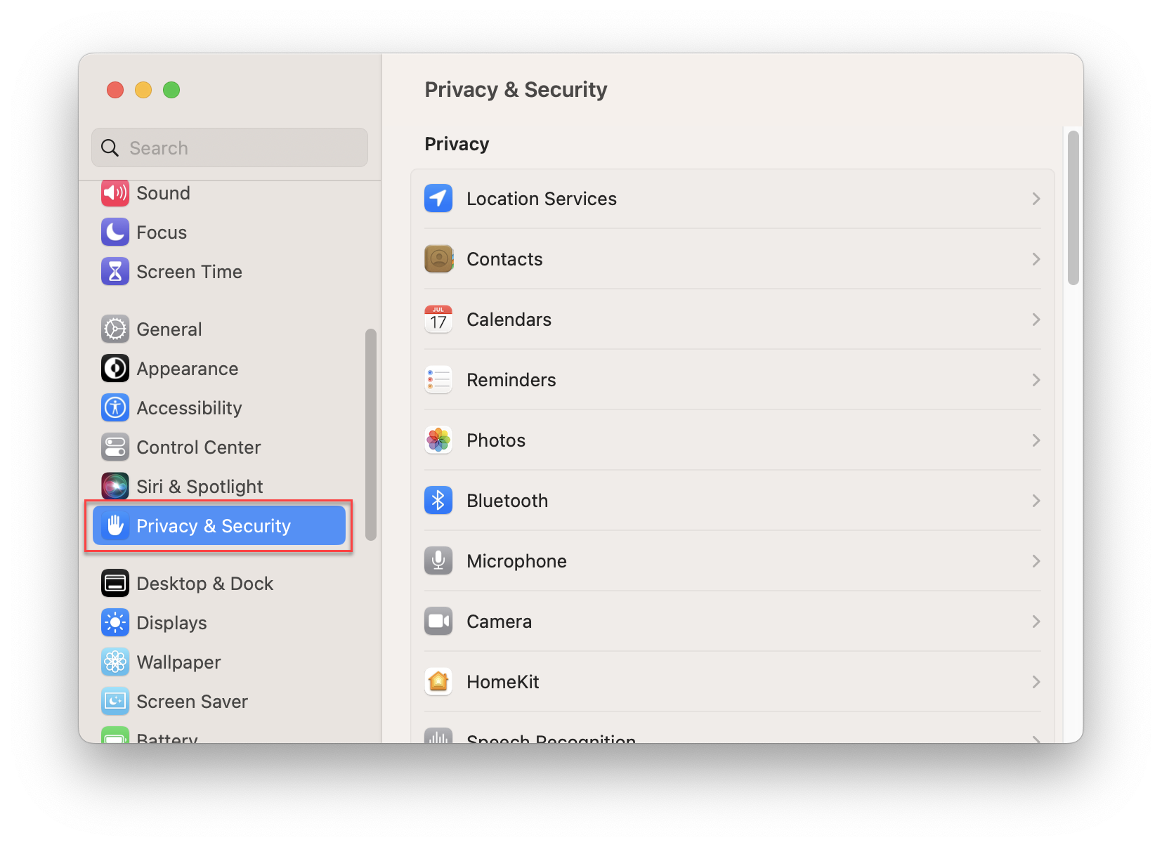 Mac Settings with Privacy & Security Tab Highlighted 