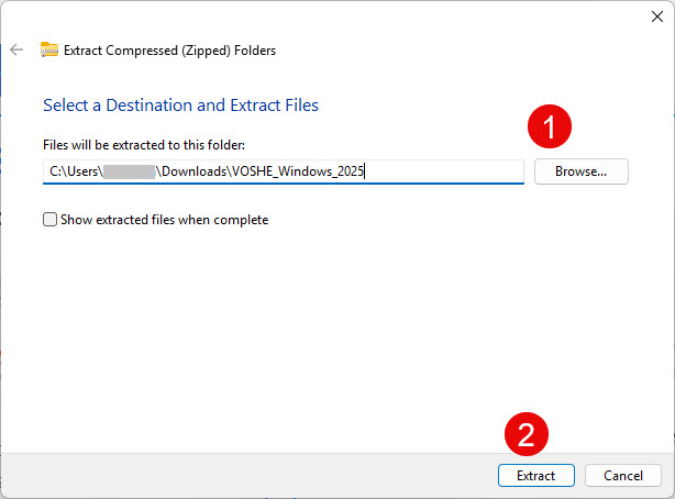 Windows Extract Compressed Folders screen with Browse and Extract buttons highlighted