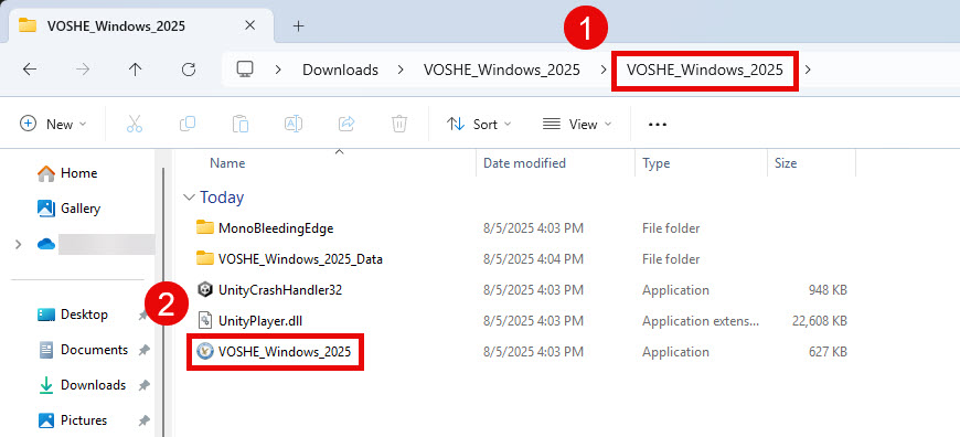 Windows Explorer with VOSHE_Windows_2025 folder open and VOSHE_Windows.exe highlighted