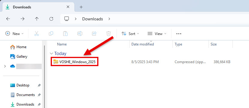 Windows Explorer Downloads with VOSHE_Windows_2025.zip highlighted