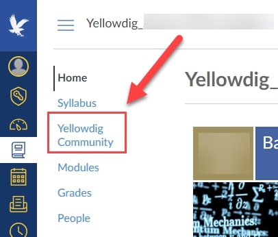 Canvas navigation Yellowdig Community button outlined and arrowed