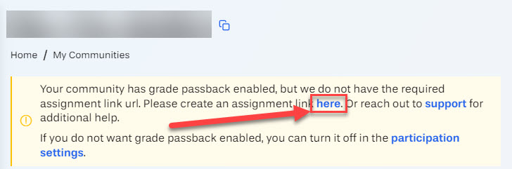 Top of your community, create assignment link button here outlined and arrowed to