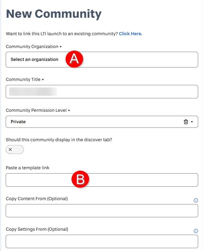 Information A-G to create a new community, with submit button outlined and arrowed