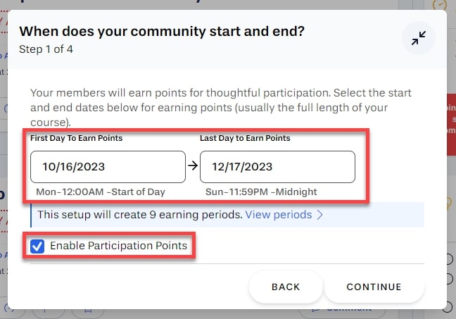 Select start and end dates outlined with Enable Participation Points checked and outlined
