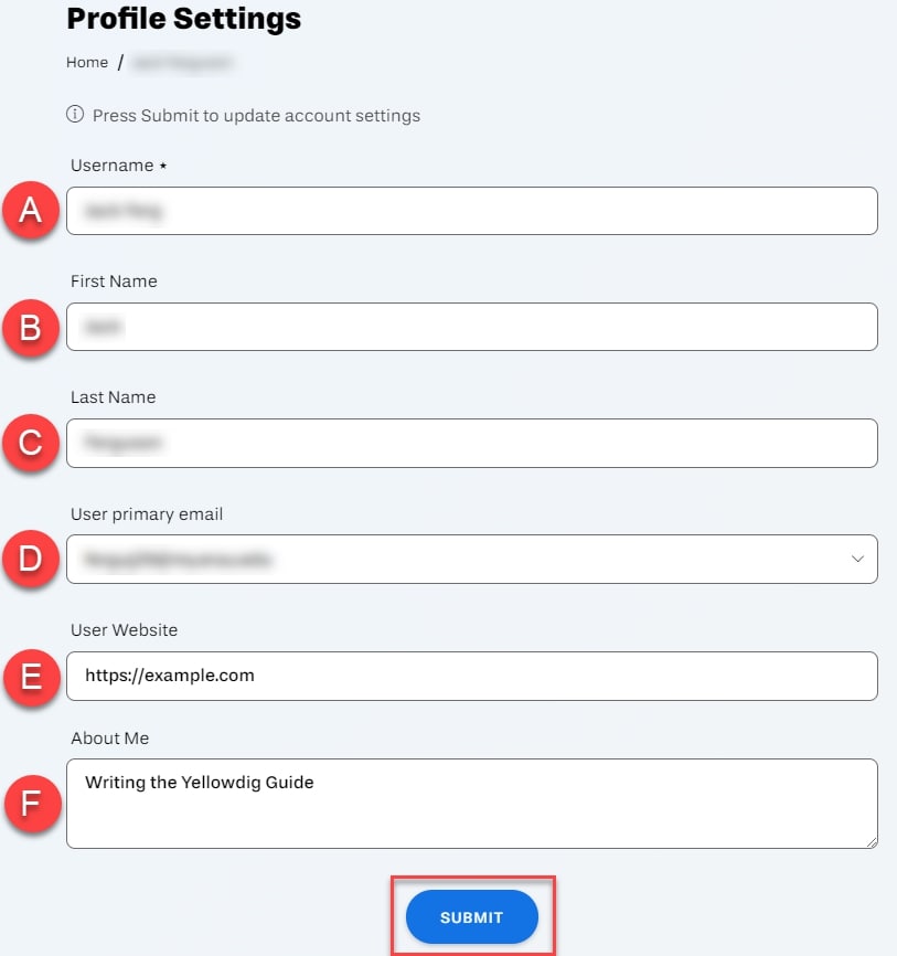 Profile settings with information fields labeled A-F, then submit button outlined