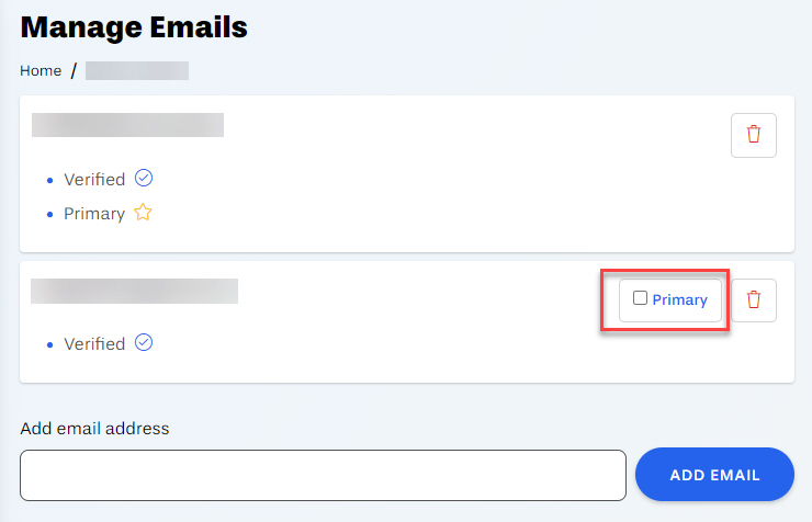 Manage Emails, select primary box outlined