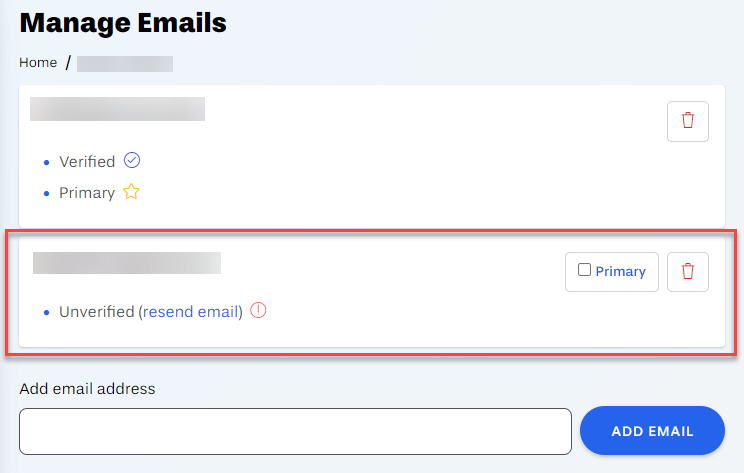 Email appears in email list as unverified outlined
